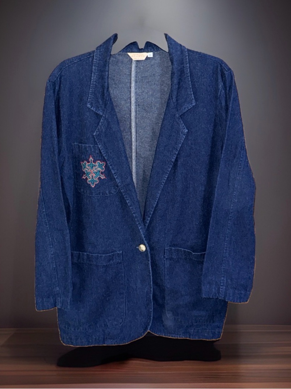 Vtg Gotcha Covered Women's Dark Blue Denim Blazer-Embroidered Chest Detail-S-EC